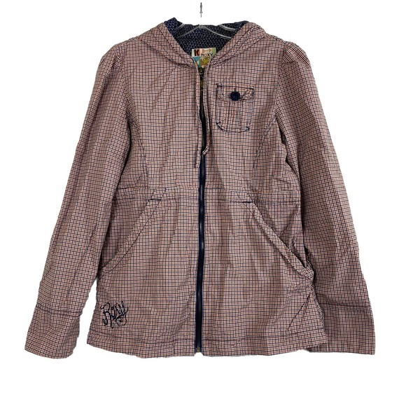 Roxy Hooded Jacket Juniors Size XL Plaid Full Zip Navy Blue Red Cinchable Tie - Picture 1 of 15